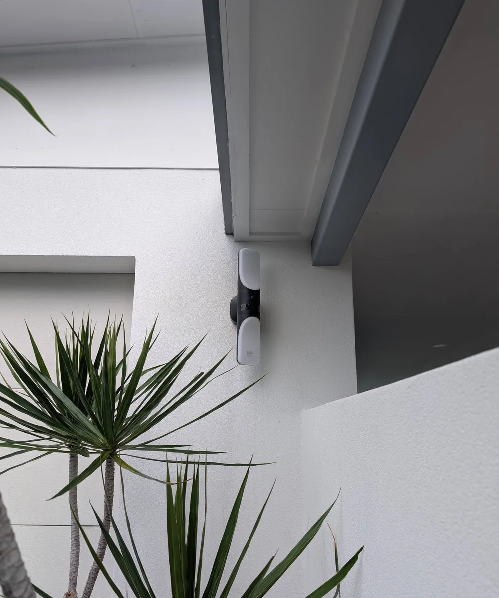 Outdoor security camera with integrated lighting.